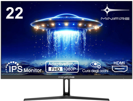 Minifire 22 Zoll Business Computer Monitor, Desktop Gaming Monitor, IPS, FHD 1080p,75 Hz, Adaptive-Sync, Eye Comfort, sRGB 110%, Ultra Thin Aperture, Tilt, VESA, HDMI, VGA, PC Bildschirm-Schwarz