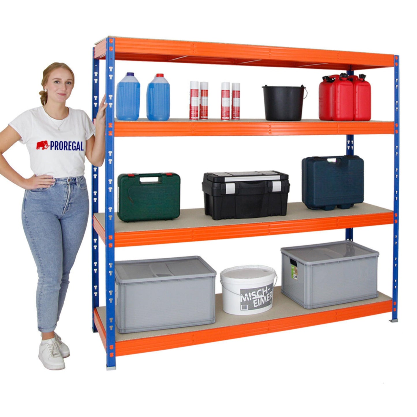 PROREGAL Profi Schwerlastregal Rhino EXTRA BREIT blau/orange HxBxT 180x200x60cm Fachlast 500kg 4X Spanplatten-Ebenen 8mm Garagenregal, Lagerregal, Steckregal, Weitspannregal