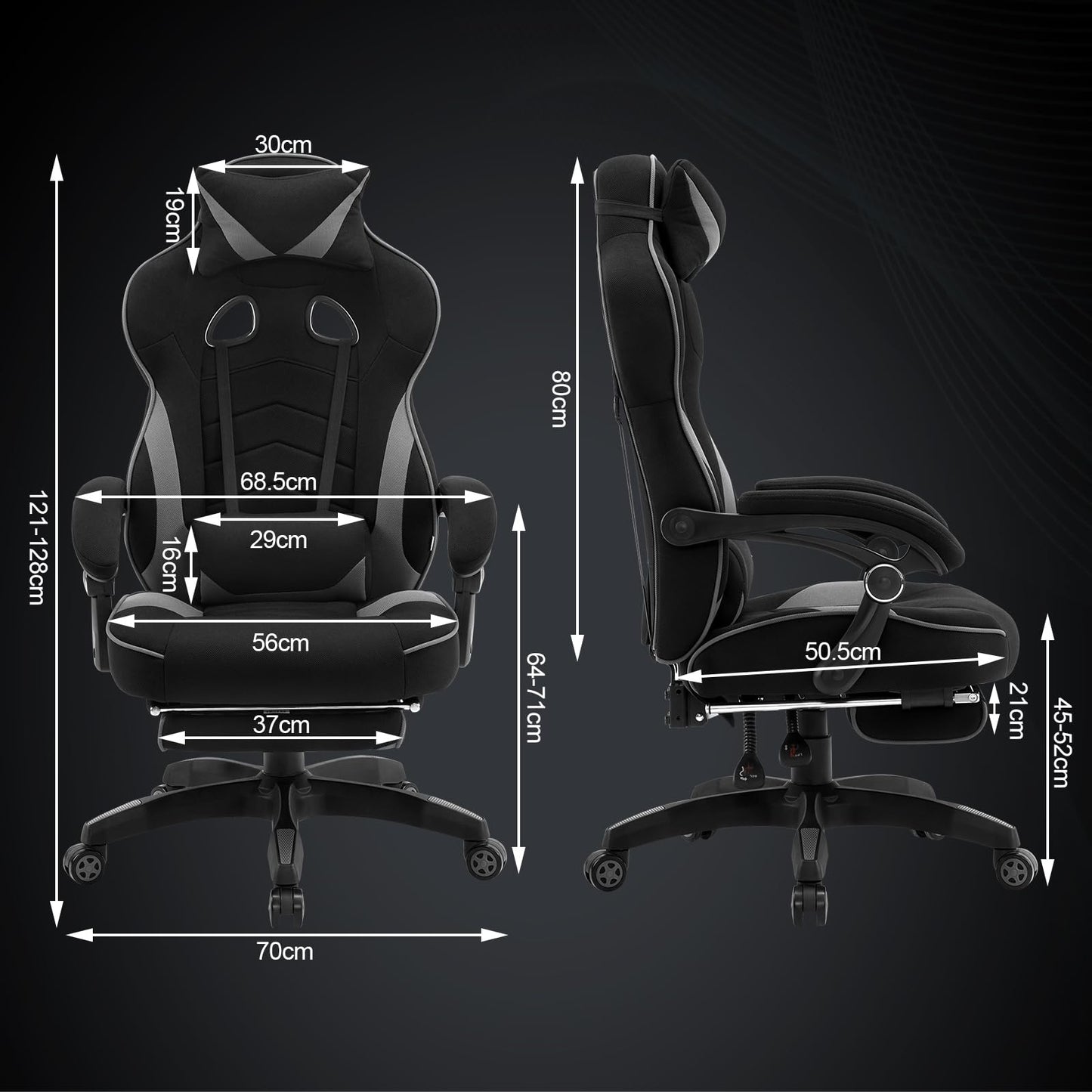 WOLTU Gaming Stuhl Stoff Atmungsaktiv Bürostuhl Gaming Chair Ergonomisch mit Lendenkissen, Gamer Stuhl 150 kg Belastbarkeit PC-Stuhl mit Große Rückenlehne & Sitzfläche, Schwarz+Grau