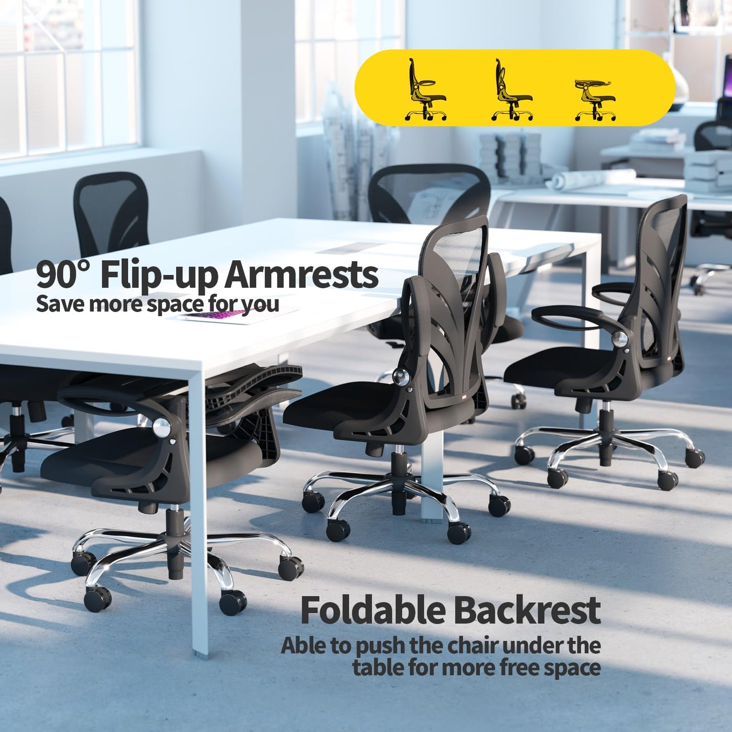 HOLLUDLE Ergonomischer Bürostuhl mit Klappbarer Rückenlehne, Schreibtischstuhl mit Erweitertem Sitz(52 cm), Hochklappbaren Armlehnen und Mesh Lendenwirbelstütze Drehstuhl Computerstuhl, Schwarz