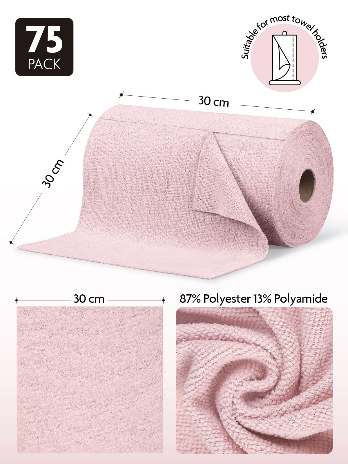 Fantasticlean Mikrofaser Reinigungstücher, 75 Stück pro Rolle Abreißbare Putztücher, Wiederverwendbare Fusselfreie Lappen für Auto, Küche und Haus 30x30cm-Rosa