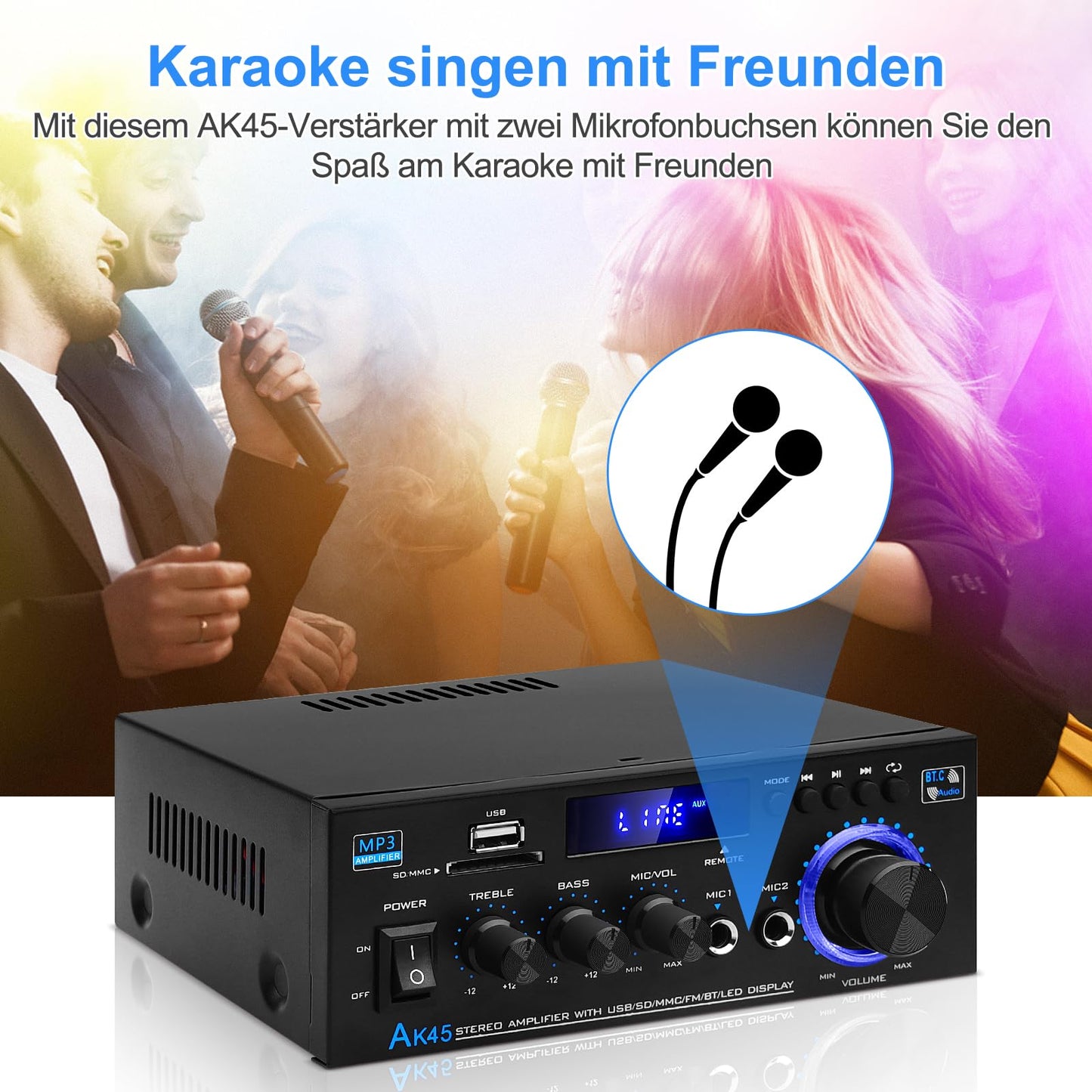 HiFi-Verstärker AK45 Mini Bluetooth Stereo-Audioverstärker Receiver 12V/ 220V 400W 2 Kanäle Digitale Endverstärker Soundverstärker w/UKW-Radio, SD/USB-Karteneingang, für Zuhause oder Auto