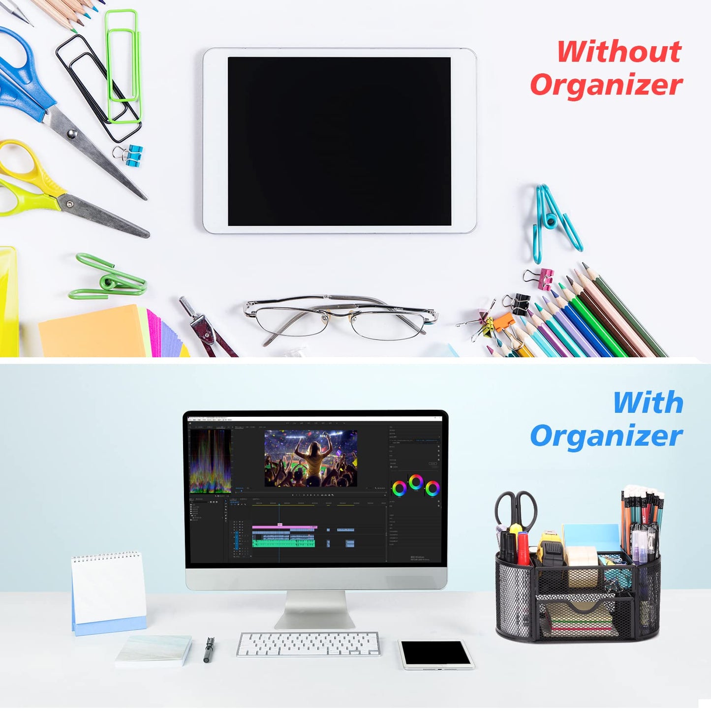 Schreibtisch Organizer, Mesh Metall Büro-Organizer mit Schublade und Stifthalter, 9 Sortierfächer für Stifte, Hefter, Ordnerklammern, Haftnotizen, Platzsparendes Desk Organizer Stifte Organizer