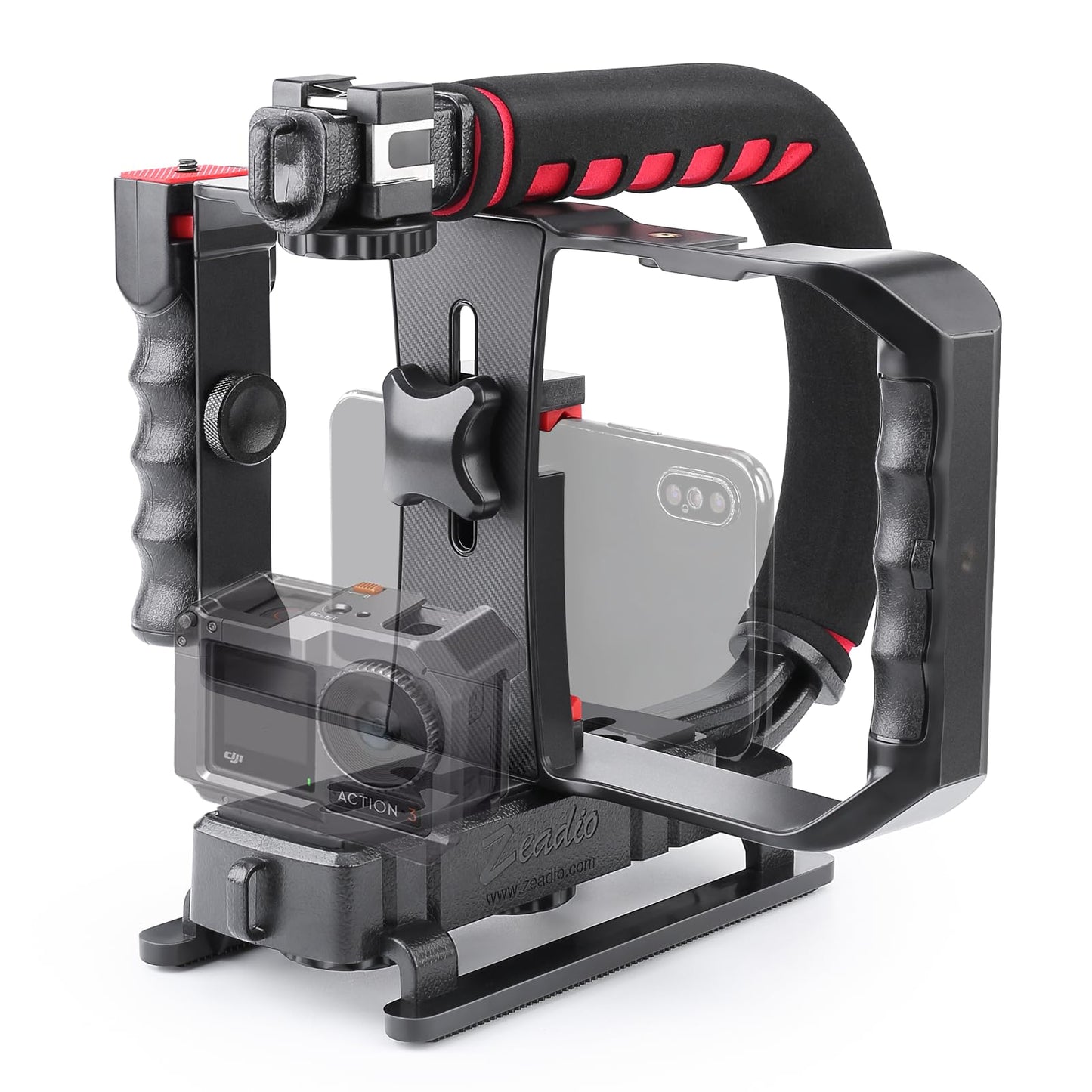 Zeadio Tripel Zubehörschuh Handheld Stabilisator mit Smartphone Video Rig, Video Aktion Handgriff Griff für Allen Kamera, Action-Kamera, DSLR und Smartphones