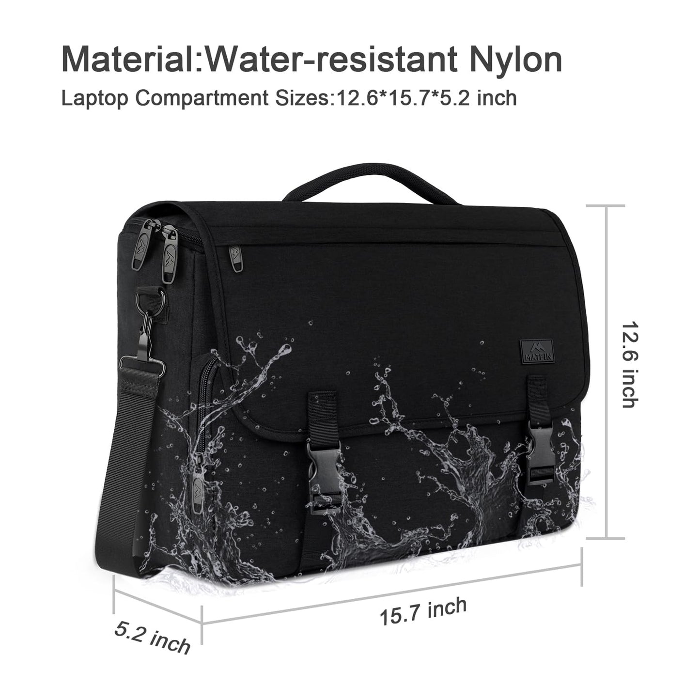 MATEIN Aktentasche Herren, Laptoptasche 15,6 Zoll, Wasserabweisend Messenger Bag Laptop Tasche, Business Notebook Computer Umhänge Schultertasche für College Büro Arbeit Frauen Männer, Schwarz