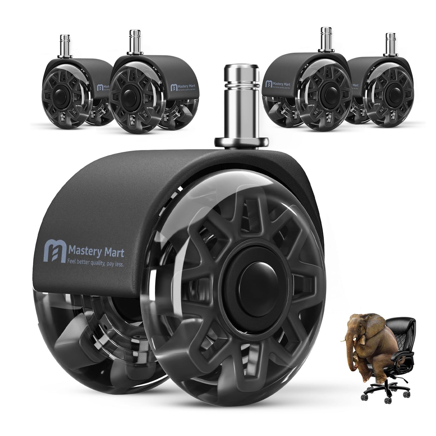 Mastery Mart 5er Set schwarze 60 mm Bürostuhlrollen mit Polyurethan, auf Parkettboden, für Hartböden geeignet.