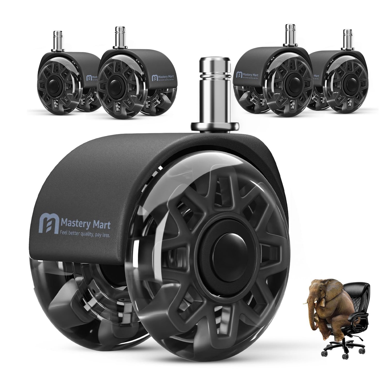 Mastery Mart 5er Set schwarze 60 mm Bürostuhlrollen mit Polyurethan, auf Parkettboden, für Hartböden geeignet.