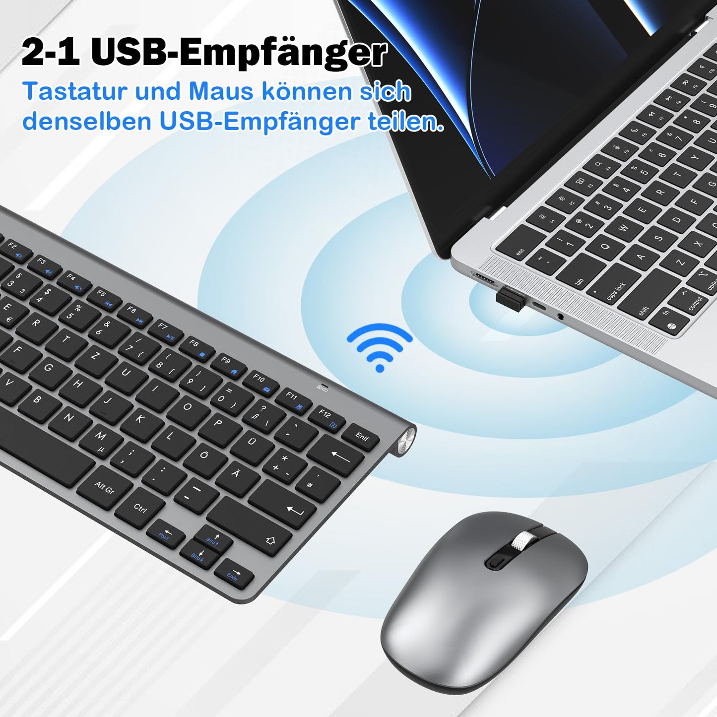 PINKCAT Kabelloses Tastatur Maus Set kabellos 2.4G Kabellose Kompakte Tastatur mit Funkmaus für Laptop, PC und Smart TV Deutsches QWERTZ Layout(Grau&Schwarz)