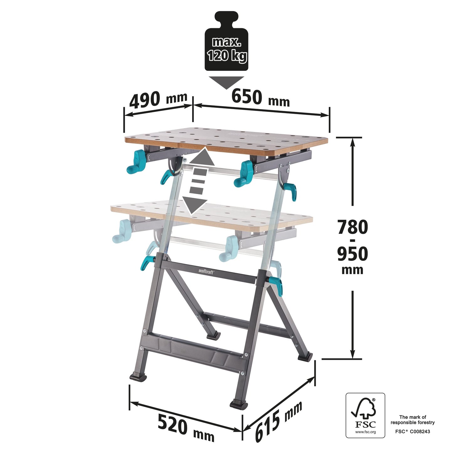 wolfcraft Spann- und Arbeitstisch Master 650 Ergo - 6870000 - stufenlos höhenverstellbar - zusätzliches Einlegebrett zum Erweitern der Arbeitsfläche - mobil einsetzbar - Made in Europe