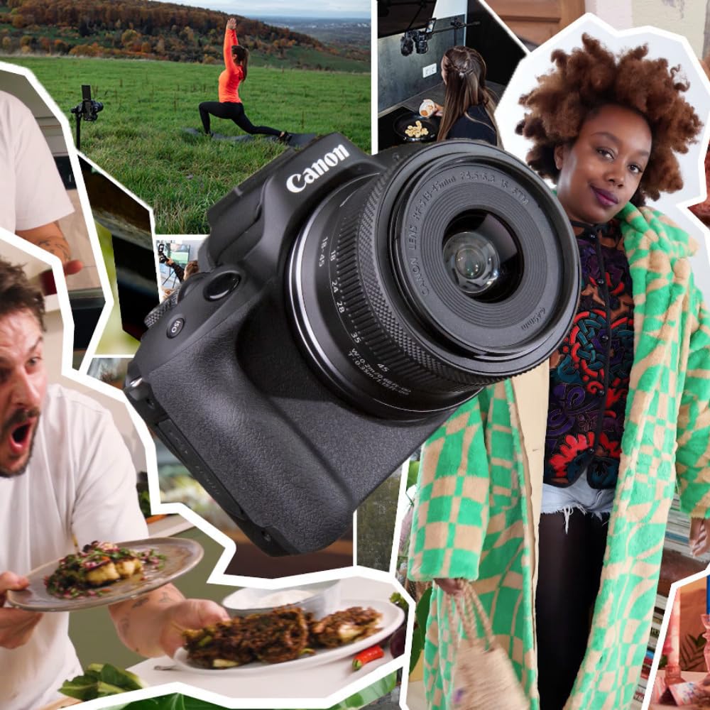 Canon EOS R50 Systemkamera + RF-S 18-45mm is STM Objektiv - Spiegellose Kamera (Digitalkamera mit Autofokus + Motiverkennung für Personen Augen Tiere Fahrzeuge, 4k Video, 15 Bilder pro Sek.) schwarz
