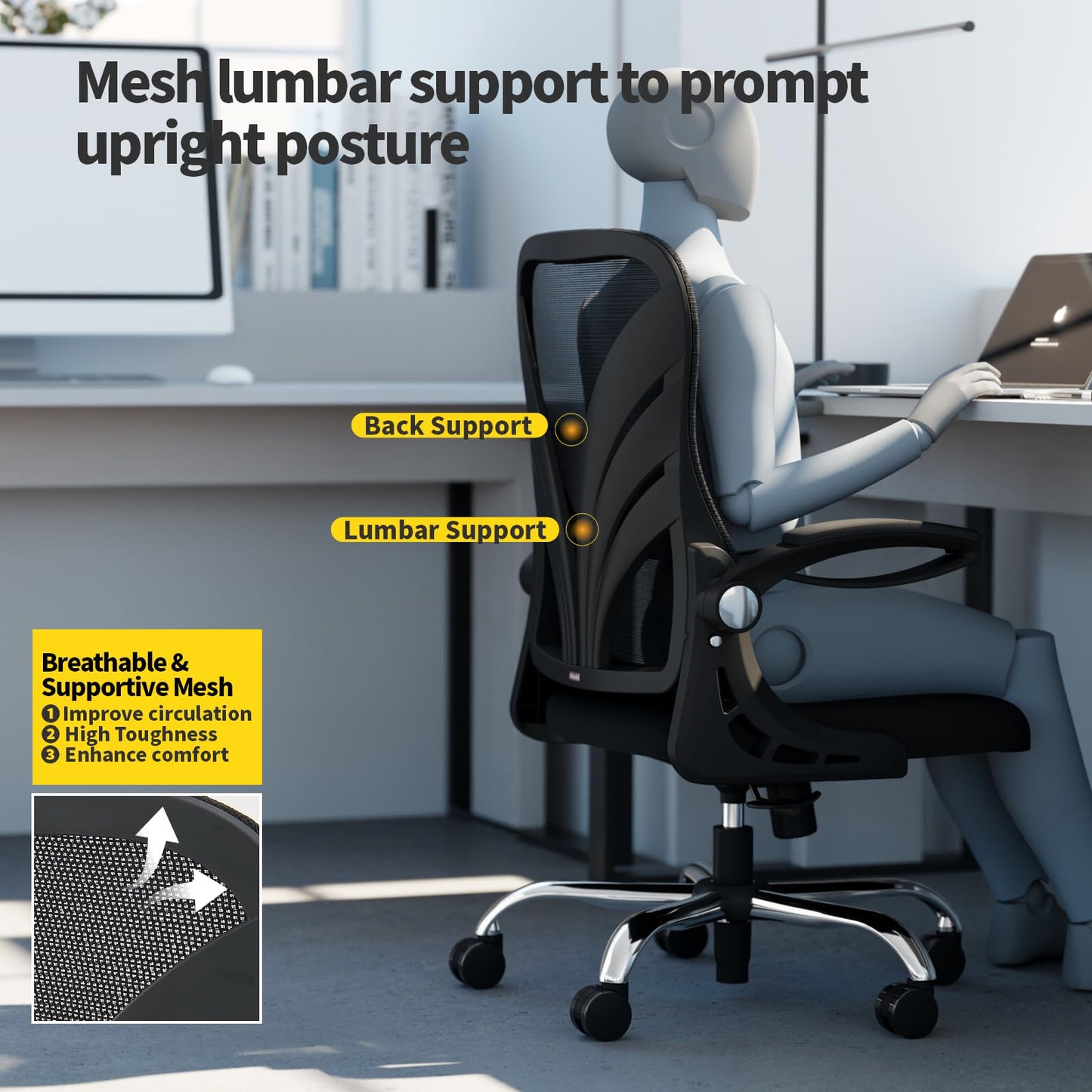 HOLLUDLE Ergonomischer Bürostuhl mit Klappbarer Rückenlehne, Schreibtischstuhl mit Erweitertem Sitz(52 cm), Hochklappbaren Armlehnen und Mesh Lendenwirbelstütze Drehstuhl Computerstuhl, Schwarz