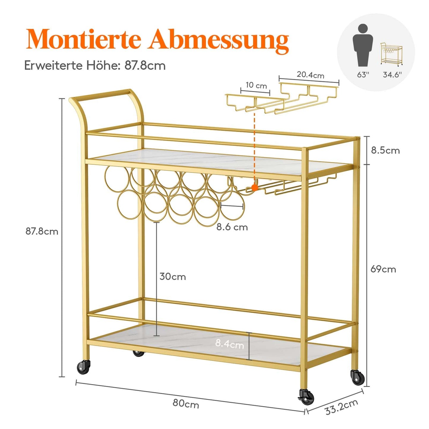Lifewit Servierwagen mit Rollen, Küchenregal, 2-stöckiger Barwagen mit 9 Weinflaschenregalen, Küchenwagen für Esszimmer, Wohnzimmer, Innenbereich, 80 x 33,2 x 87,8 cm, Gold
