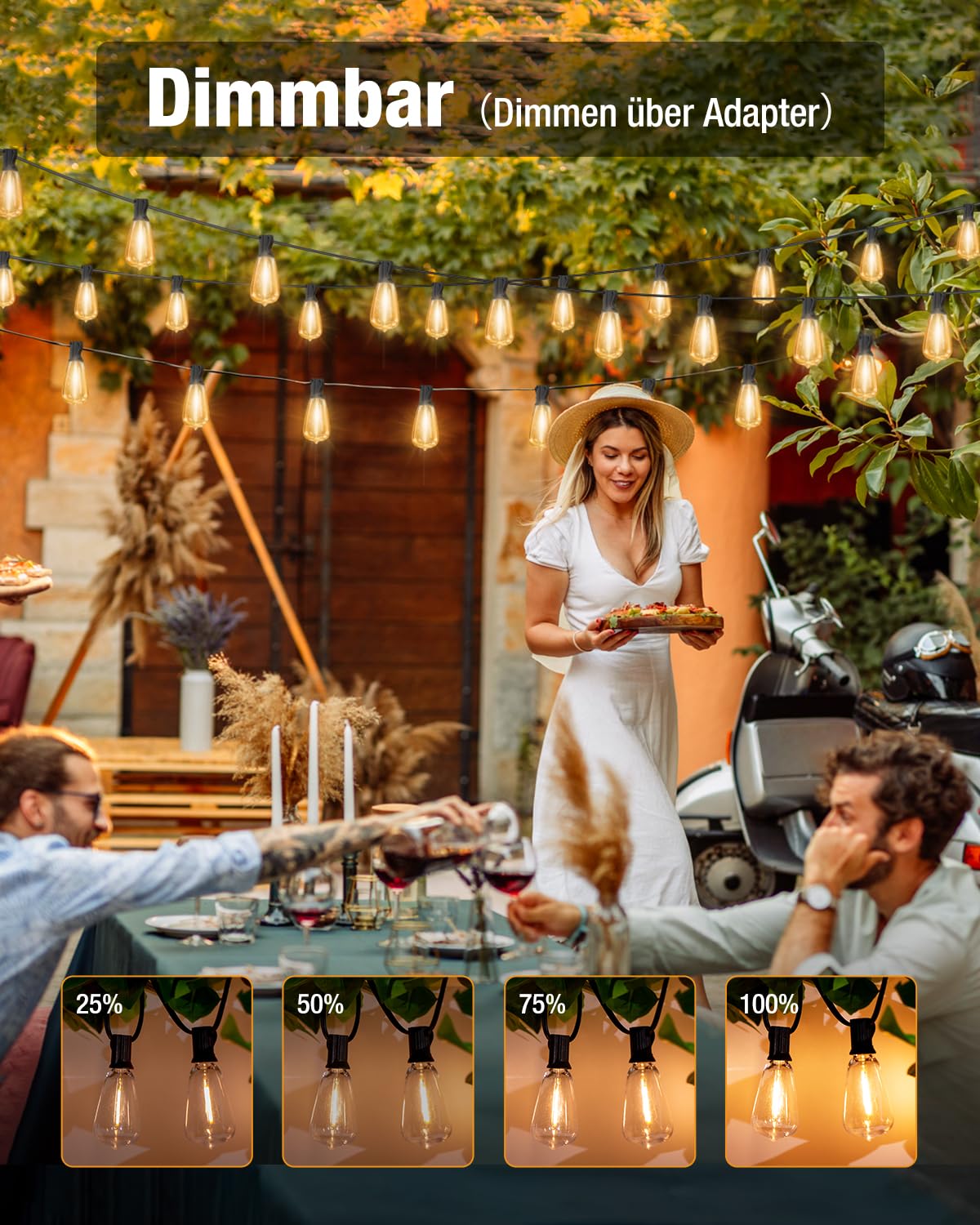 litogo LED Lichterkette Außen Dimmbar mit Timer, 35.3M Deko Lichterkette Aussen Strom mit Retro Warmweiß Glühbirnen Plastik, Wetterfest lichterketten für Garten Balkon Party Pavillon Terrasse