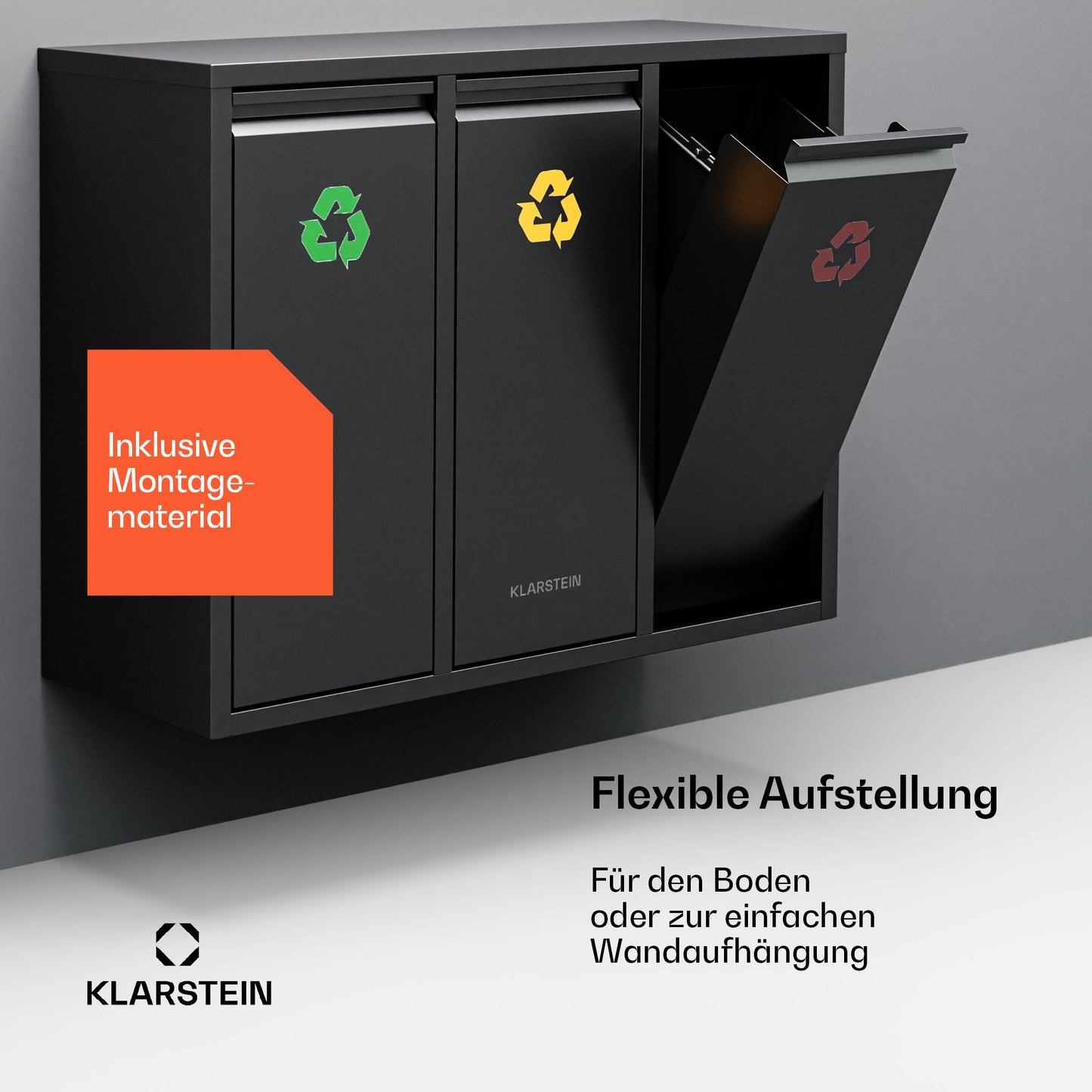 Klarstein Ordnungshüter 3-in-1 Mülleimer - 45L Küchenabfalleimer mit Farbcodierung, Edelstahlgehäuse, herausnehmbare Behälter, Mülltrennsystem