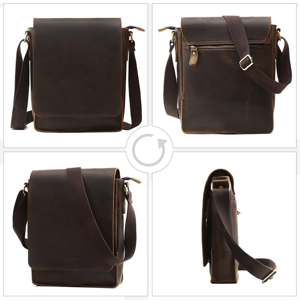 Leathario Herren Umhängetasche Schultertasche Leder 9.7Zoll Ipad mit 5 Steckfächern 25 x 7 x 31 cm für Alltage Freizeit