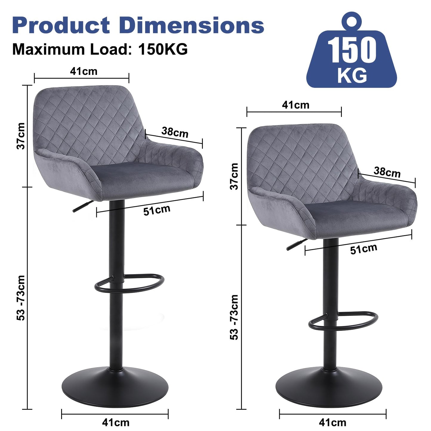 ralex-chair Barhocker 2er Set, Höhenverstellbare Drehbare Barhocker aus Samtstoff, Frühstücks-Esshocker mit Rückenlehne und Armlehne für Bar, Theke und Küche, Grau
