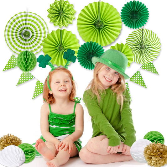 SUNBEAUTY 15 Pcs Papier Party Deko-Set Grün Pompons Girlande Wabenbälle Sommer Frühling Feier Tropische Dekoration für Party Hochzeit Geburtstag