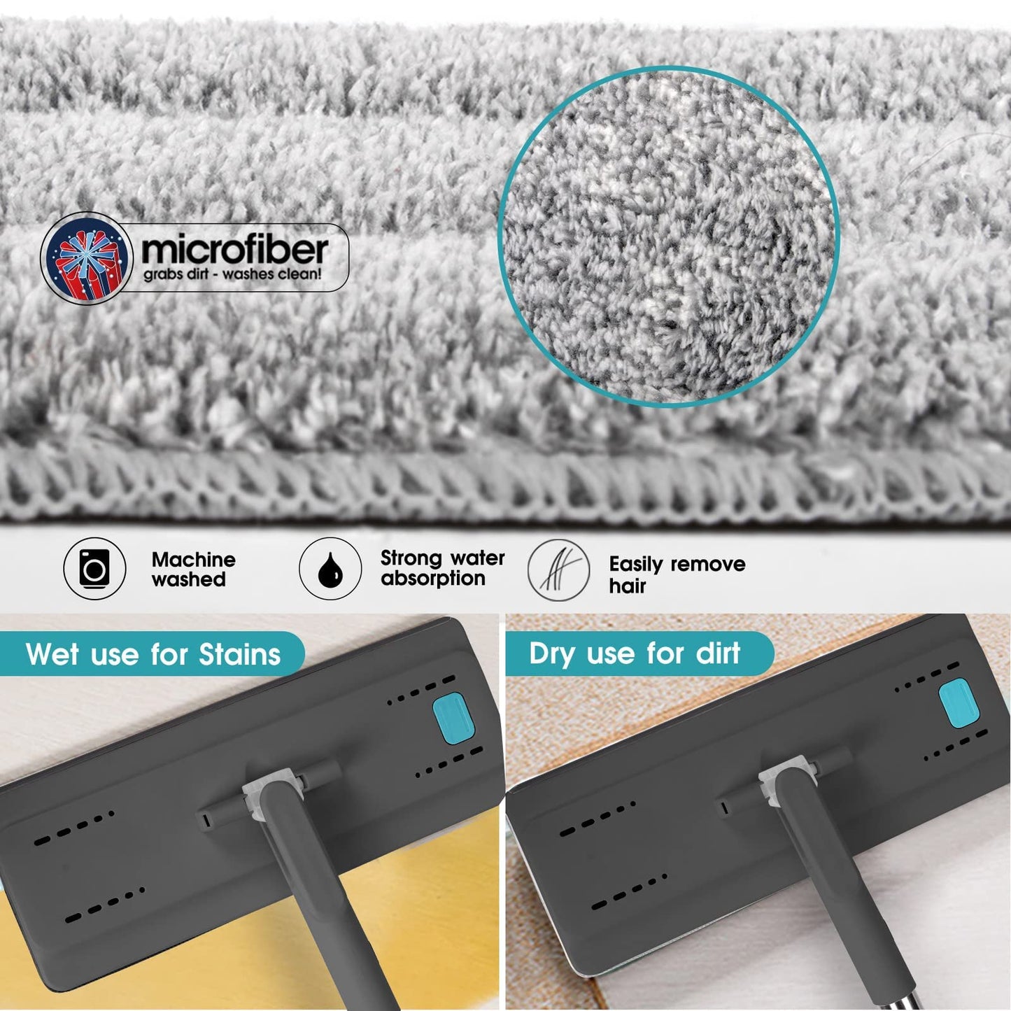 Masthome Bodenwischer Set mit Eimer,Wischmopp Set mit Eimer 2 In 1,Bodenwischer Set und 6 Mikrofaser Wischpads,Wischmopp mit Auswringfunktion für Hartholz Marmor Fliesen Bodenreinigung