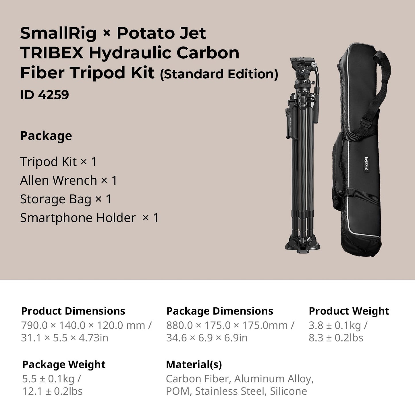 SMALLRIG Tribex Hydraulisches Carbonfaser-Stativ kit, Schnell Ausziehbares Kamera-Videostativ mit 4-Stufigem Fluidkopf mit Gegengewicht, Stufenlose Dämpfung Beim Schwenken/Neigen 4259