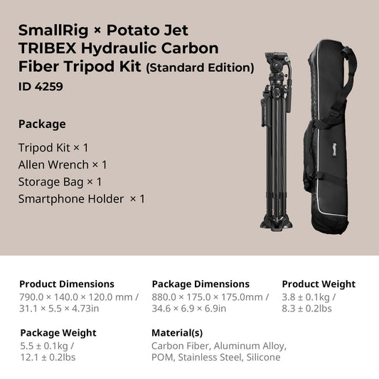 SMALLRIG Tribex Hydraulisches Carbonfaser-Stativ kit, Schnell Ausziehbares Kamera-Videostativ mit 4-Stufigem Fluidkopf mit Gegengewicht, Stufenlose Dämpfung Beim Schwenken/Neigen 4259