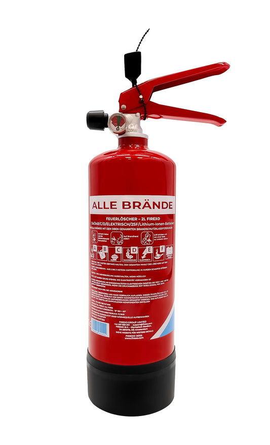 Firexo Kleiner Feuerlöscher (2 Liter) – alle Arten von Feuer – Mehrzweck-Feuerlöscher für Haushalt, Küche, Grill, Zuhause und Büro