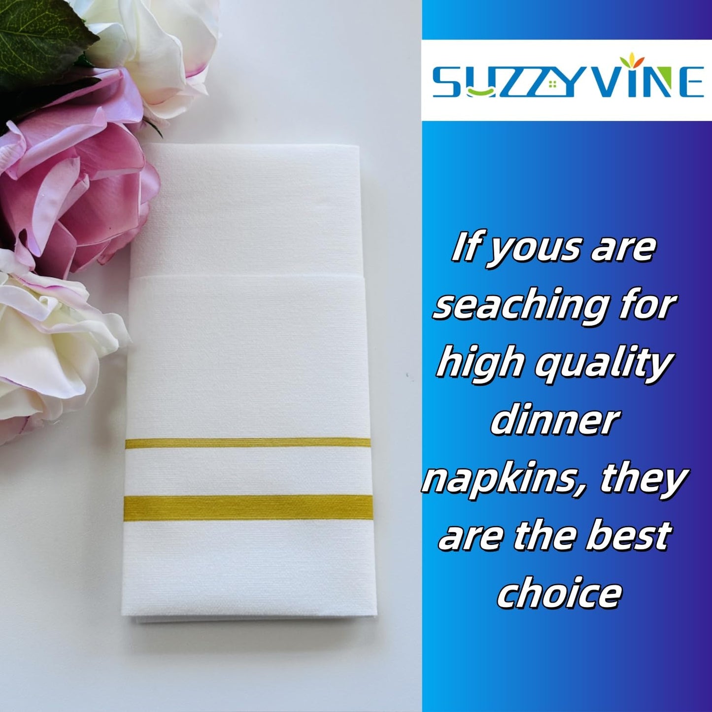 SUZZYVINE Goldene Einweg-Servietten mit integrierter Bestecktasche, Stoffähnliche Lunch-Servietten für Hochzeit, Party, Leinen-Gefühl, 50 Stück, 40,6 x 40,6 cm
