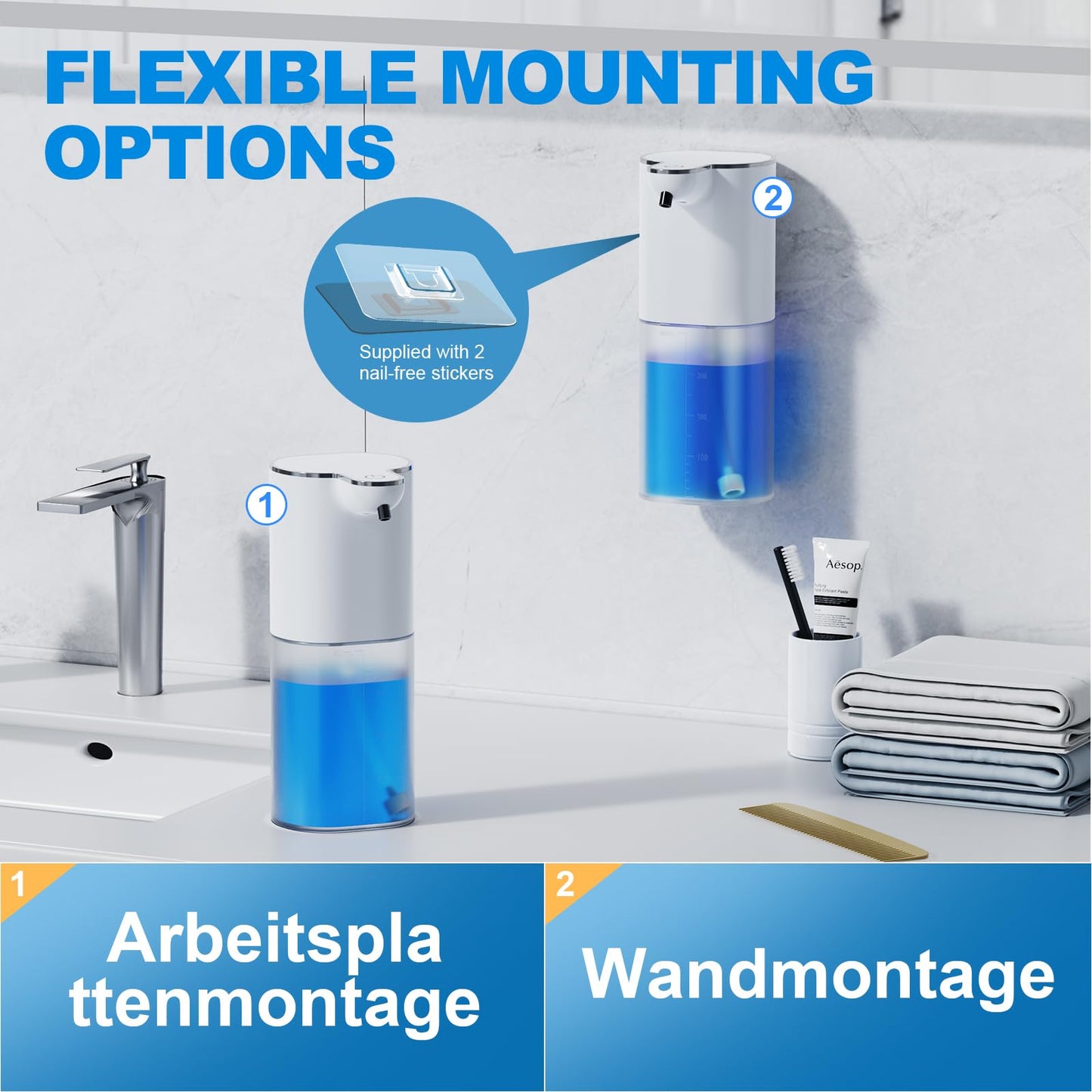 Fantictas Desinfektionsspender Automatisch, 400ml desinfektionsspender Sensor Wandbefestigung ohne Bohren mit USB Wiederaufladbar,IPX5 Wasserdicht für Bad Toilette Küche und Büro
