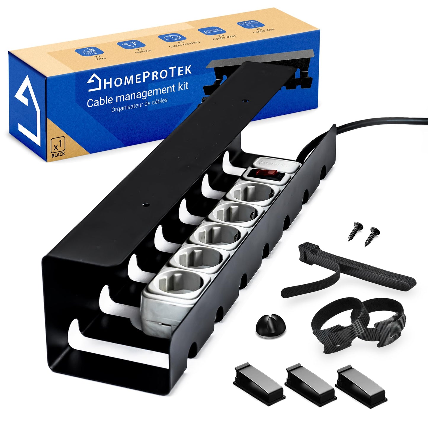 HOMEPROTEK Kabelkanal für EIN ordentliches Kabelmanagement – 1 x schwarzer Kabelhalter mit einfacher Montage – 43 x 10 x 10 cm Organizer für Büro zu Hause