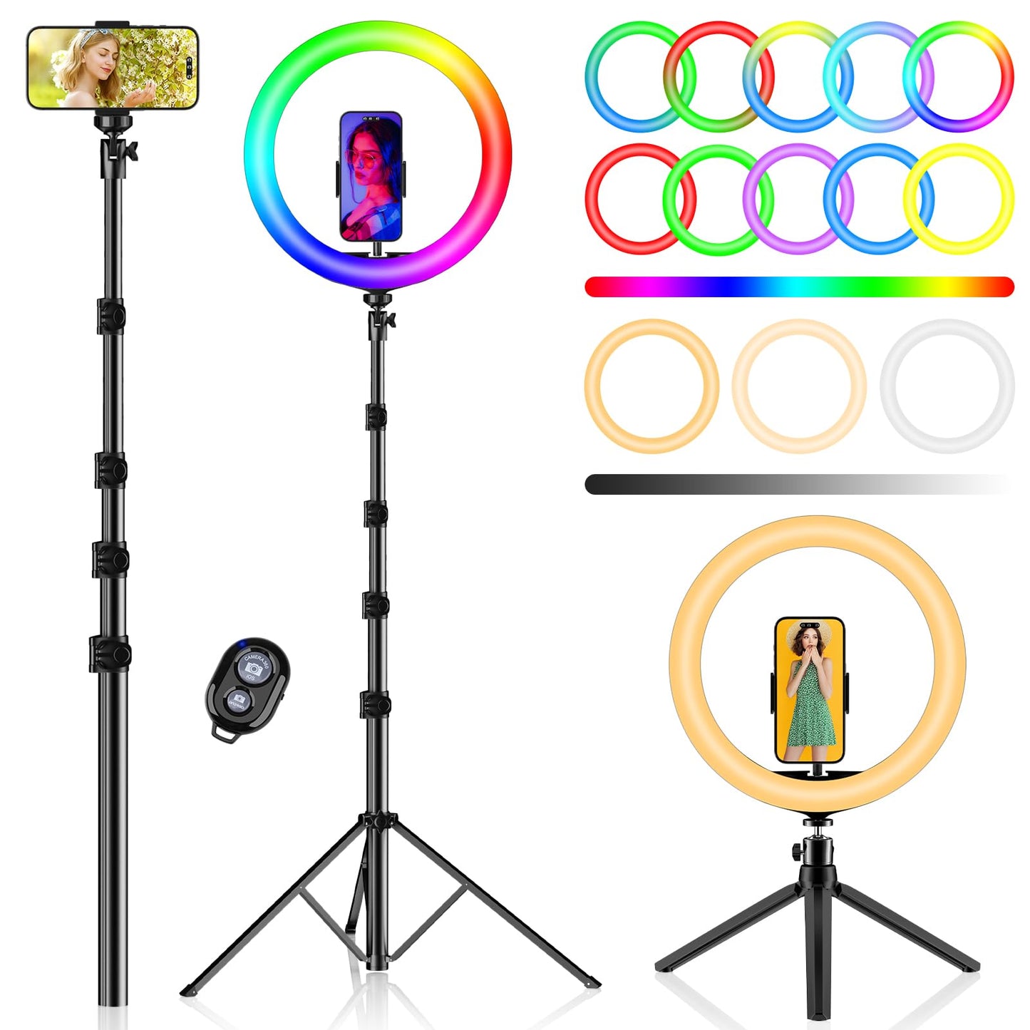 PEYOU 12"/186 cm Selfie Ringlicht mit Stativ Handy,【3-in-1】 Ring Light mit（Tischstativ） 48 RGB-Modi,Dimmbare Handy Stativ mit Ringlicht,stativ für Smartphone für Tiktok YouTube Makeup Fotografie