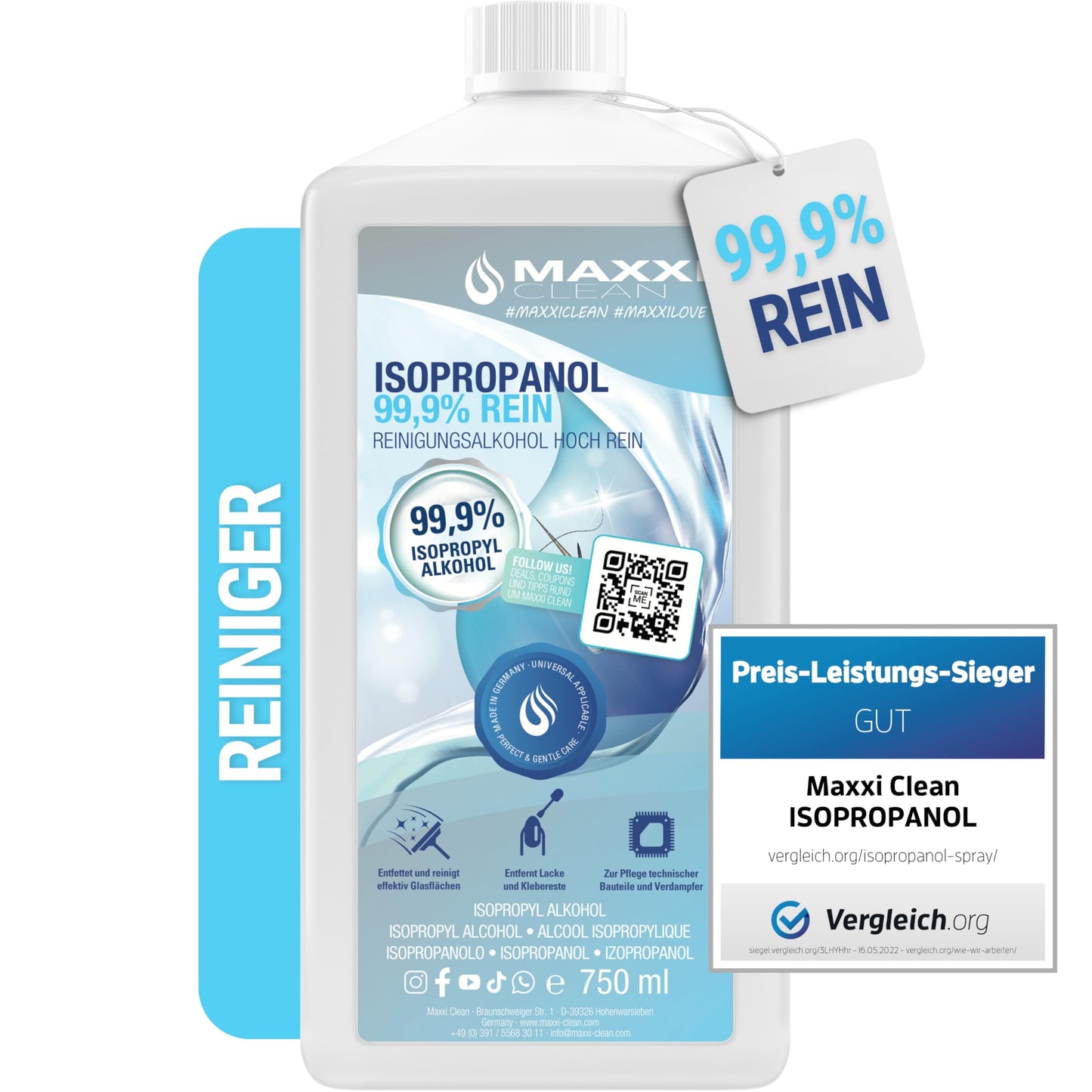 Maxxi Clean | Reines Isopropanol (99,9%) Reinigungsalkohol | 1x 750 ml Fettlöser & Lösungsmittel | rückstandsfrei anwendbar zur Reinigung von elekt. Bauteilen, Schallplatten, Druckköpfen und mehr