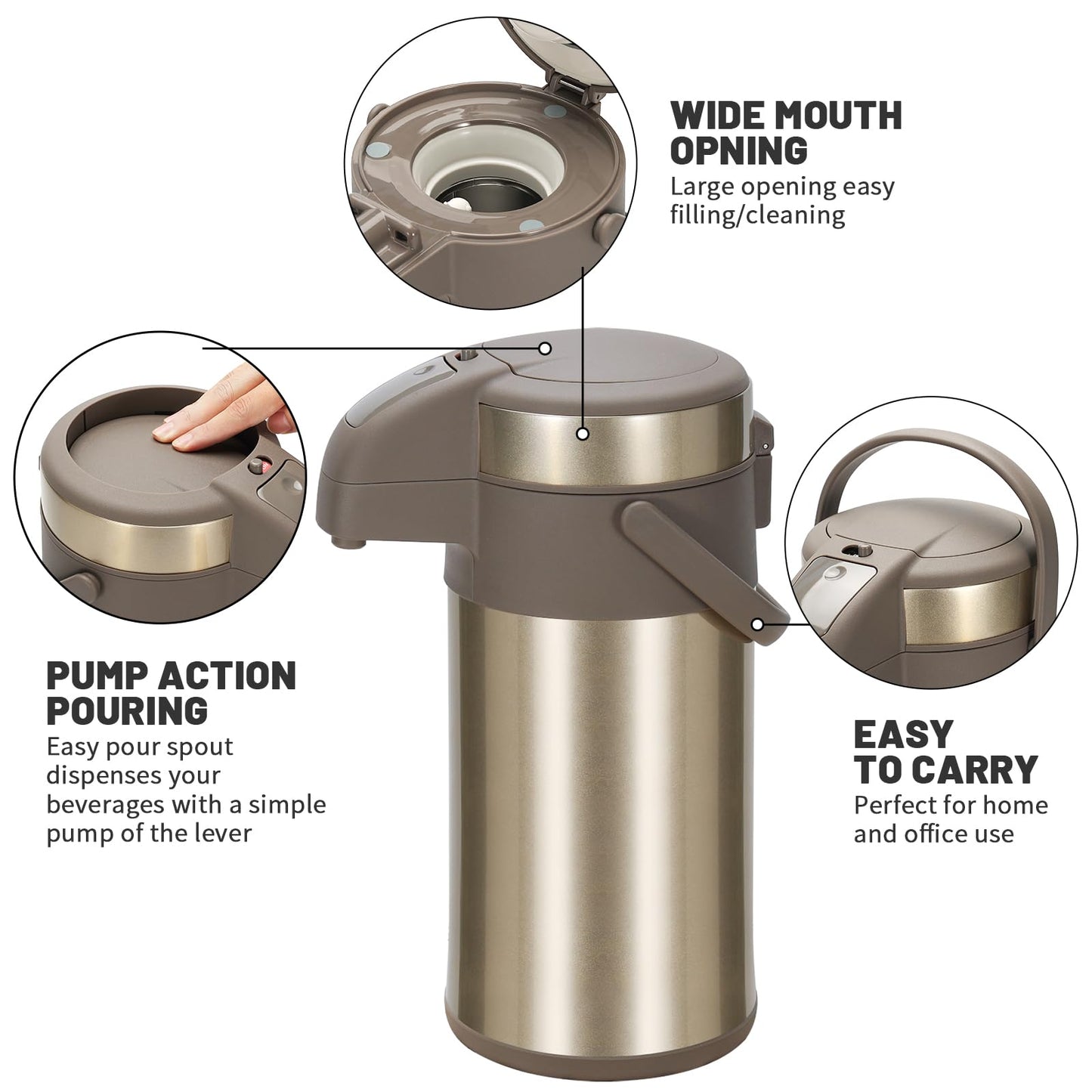 Olerd Pumpkannen Thermoskannen Kaffeespender 4,0 Liter, Edelstahl Doppelwandige Pump Vakuum Isolierkanne mit Pumpmechanismus, Kaffeekaraffe, Kanne für 24 Tassen (Gold)