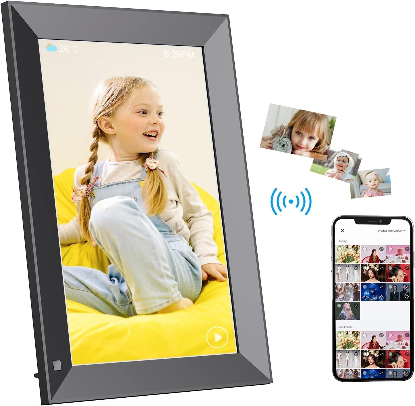 Zcyge WLAN Digitaler Bilderrahmen 10.1 Zoll，Videoclips und Fotos sofort per E-Mail oder App teilen，Automatische Bilderdrehung, Energiesparender Bewegungssensor,Schwarz…