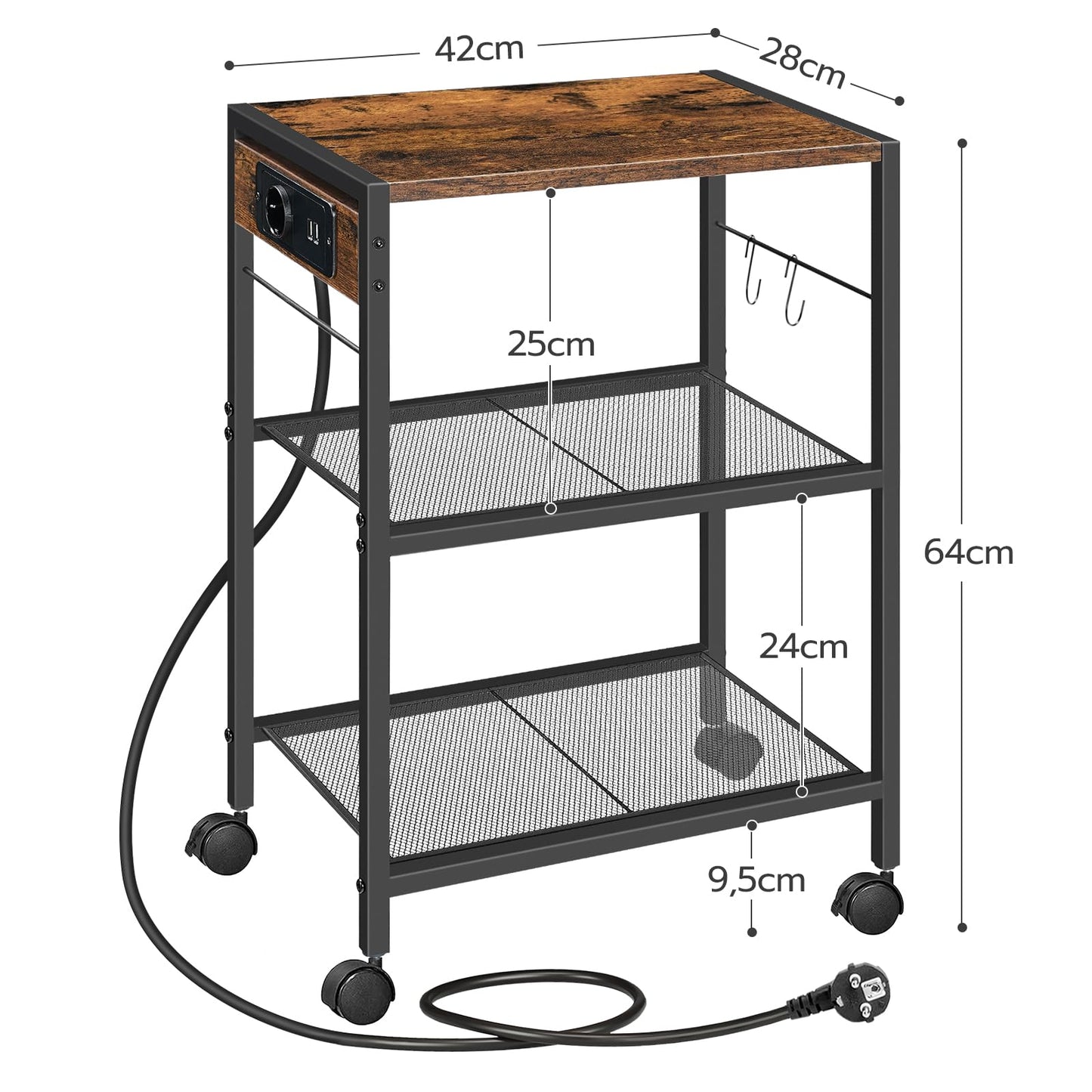 HOOBRO Druckerständer, 3-stufiger Druckerständer mit Ladestation, Lagerregal mit Rollen/verstellbaren Füßen, mit 2 Haken, für das Heimbüro, Vintagebraun und Schwarz EBF22CPS01