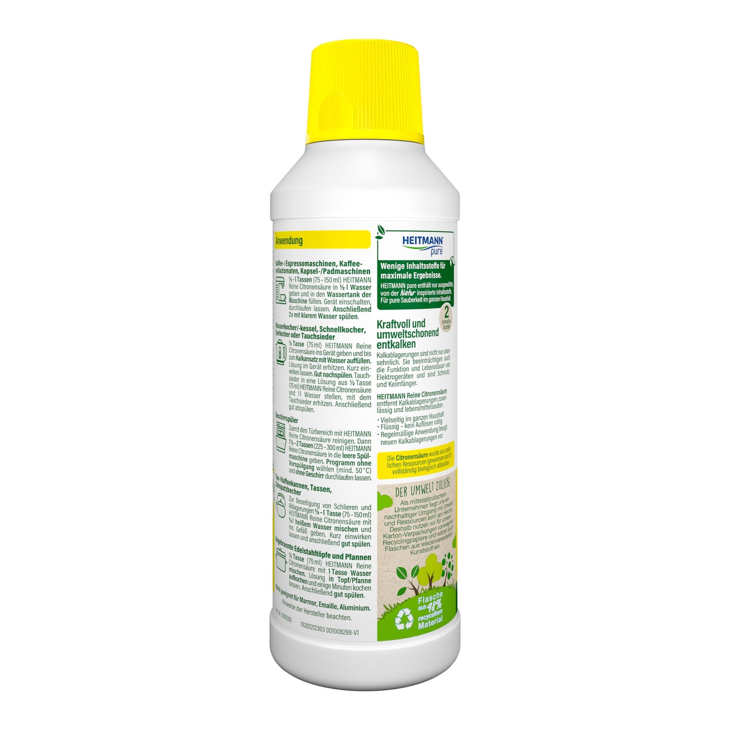 HEITMANN pure Reine Citronensäure | Flüssiger Bio-Entkalker für Küche & Bad | Effektiv gegen Kalkablagerungen | 100% natürliche Inhaltsstoffe | Lebensmittelsauber | 500 ml
