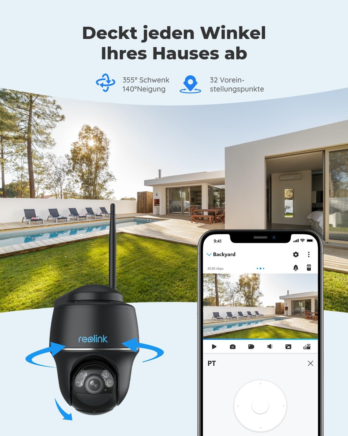 Reolink 5MP Solar Überwachungskamera Akku, 355°/140° Schwenkbar WLAN Kamera Outdoor Kabellos 2, 4/5GHz WiFi, Farbnachtsicht, Personen/Auto/Tiererkennung, Standalone, Argus PT(Schwarz)+Solarpanel