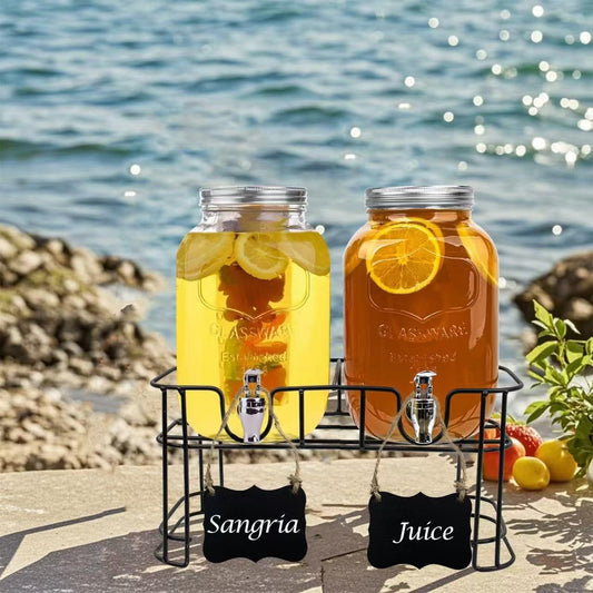 Deefongo 2 x 4L Glas-Getränkespender mit Ständer, Getränkespender, Glas-Wasser-Saft-Spender mit Hahn für geeiste Säfte, Wasser, hausgemachte Getränke, Partys, Hochzeiten