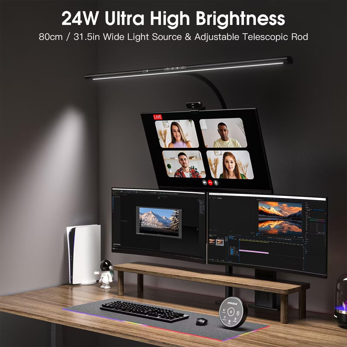 EYOCEAN Schreibtischlampe LED, 24W 80CM Tischlampe mit Gestensteuerung, Dimmbare Tageslichtlampe Augenschutz Monitor Lampe für Arbieter in Büro Leser Architekenden Schneider