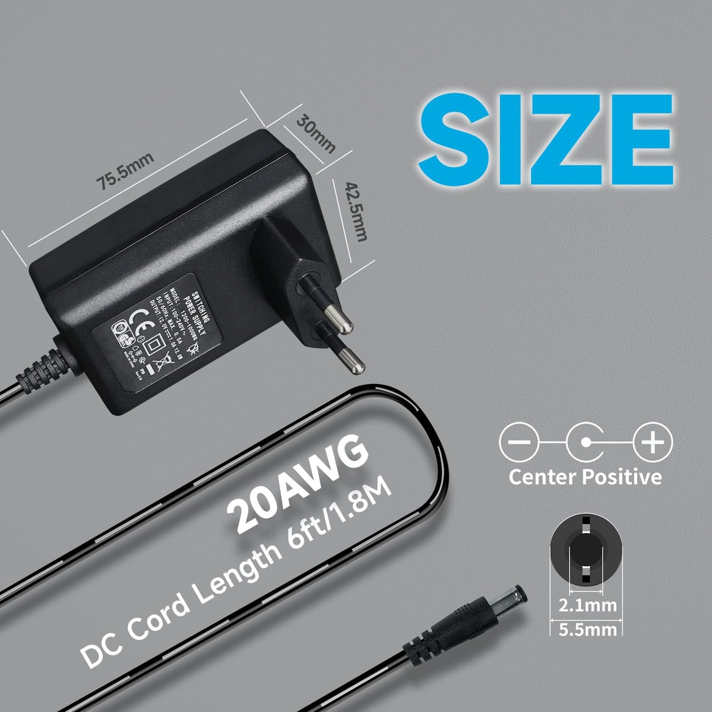 12V 1A/1000mA Netzteiladapter, AC 100-240V 50/60Hz auf DC 12V 1A/1000mA 12W Wandladegerät, Mitte positiv, 1,8m langes 20-AWG-Kabel für stabilen und flexiblen Einsatz, 8 Aufsätze enthalten