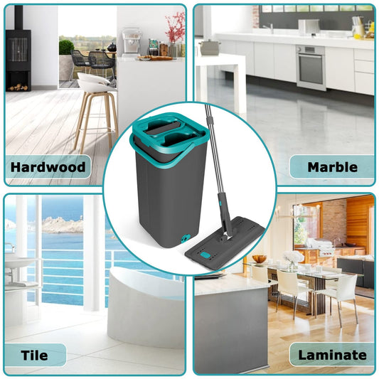 Masthome Bodenwischer Set mit Eimer,Wischmopp Set mit Eimer 2 In 1,Bodenwischer Set und 6 Mikrofaser Wischpads,Wischmopp mit Auswringfunktion für Hartholz Marmor Fliesen Bodenreinigung