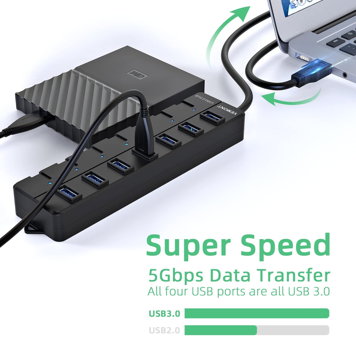 USB 3.0 Hub, VEMONT 7-Port USB Hub USB Splitter mit verlängertem 1.2m Kabel, USB Verteiler mit einzelnen LED Power Schalter für PC/MacBook Air/Pro/Mac Mini/iMac/MacPro/Laptops und weitere USB Geräte