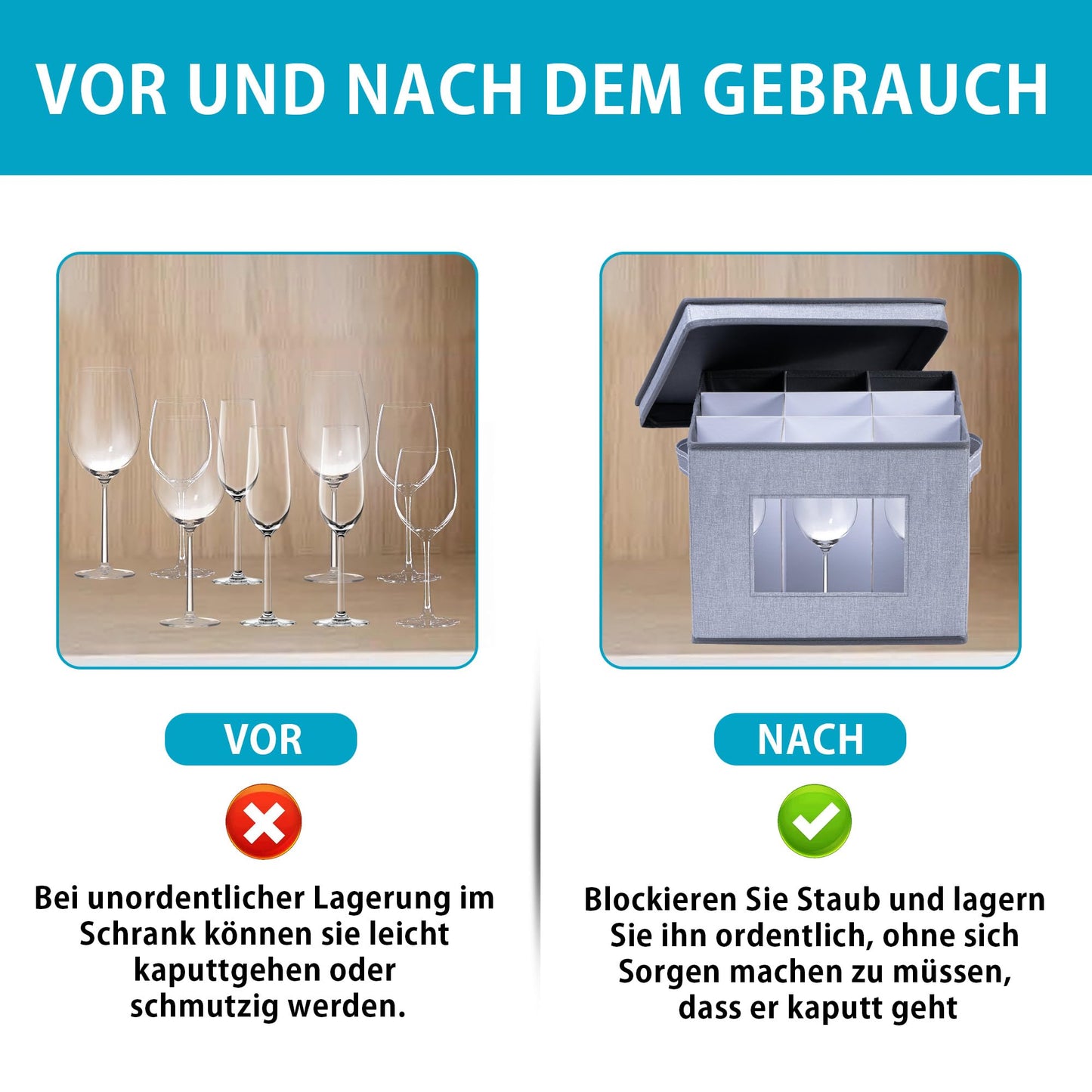 VENO 2er-Pack Aufbewahrungsbox für Rotweinglas mit Deckel und Griffen, Stielgläser-Organizer, Faltbox für Umzug von Glaswaren Inklusive Trennwände (Rotweinglas- 2er-Pack)