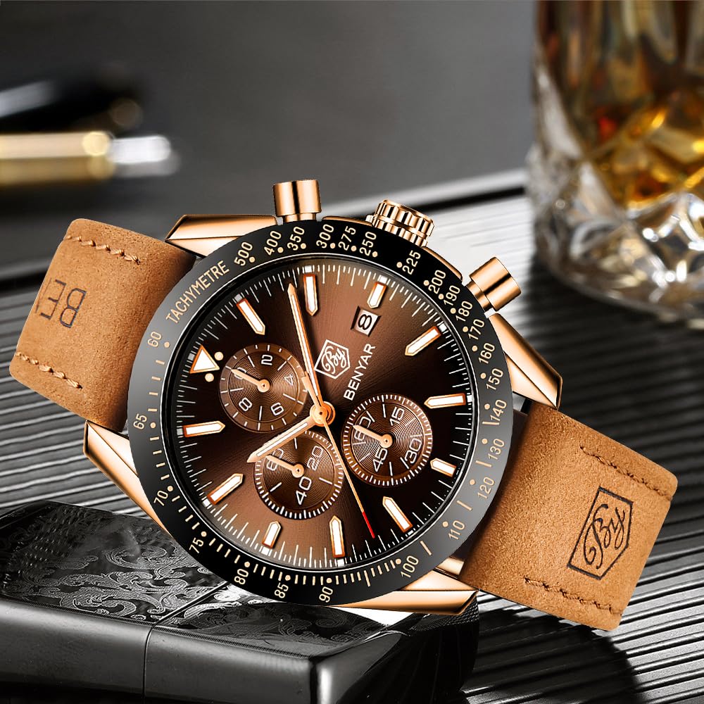 BENYAR Uhren Herren Chronograph Analog Quarz Braun Lederarmband Armbanduhr Herren Wasserdicht Leuchtende Datum Herrenuhr Mode Lässig Sport Business-Kleid Uhren fur Männer Elegantes Geschenk
