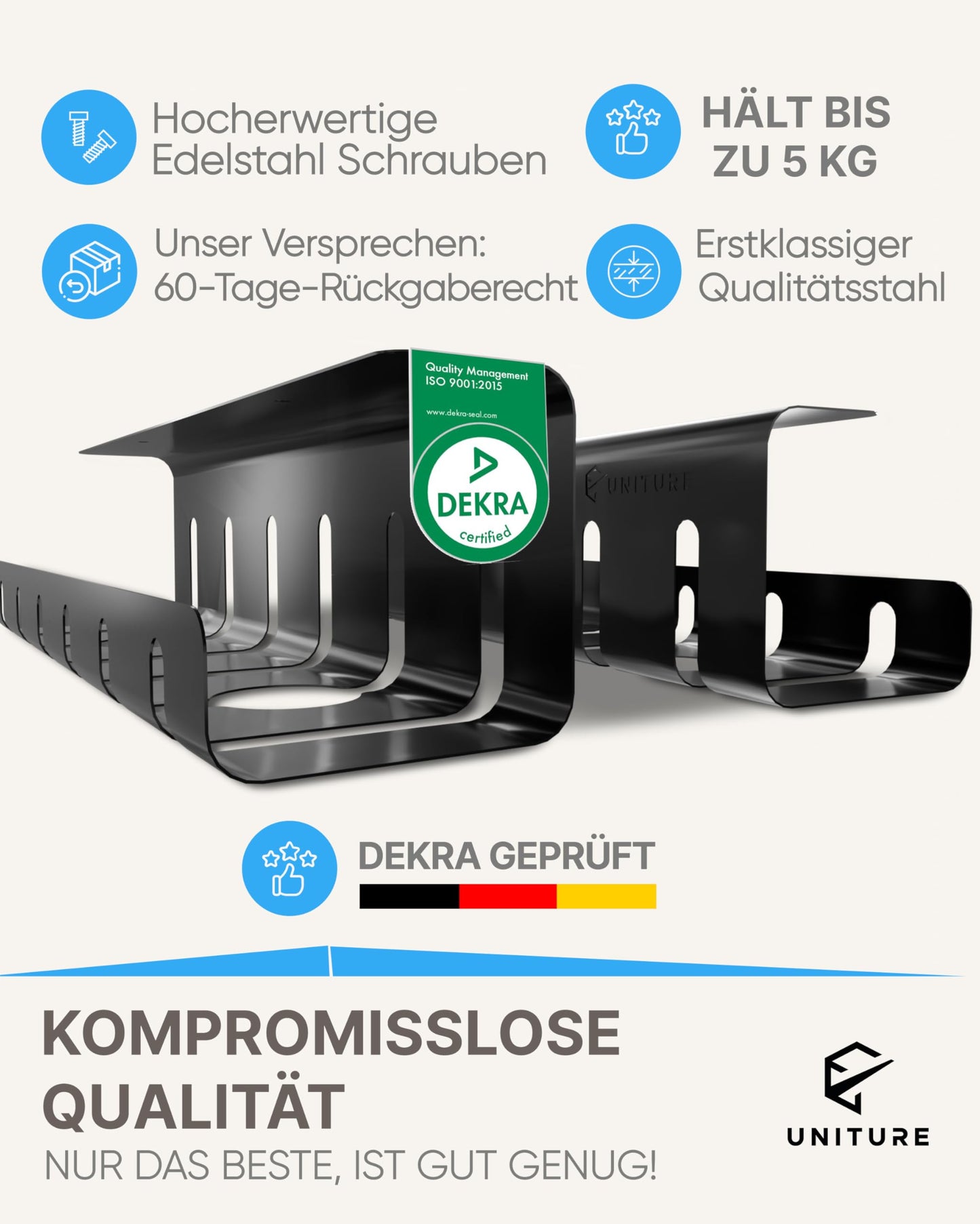 UNITURE® Kabelkanal Schreibtisch [DEKRA Zertifiziert] - 2er Set Kabelmanagement - 2x40cm Kabelhalter - Kabelführung - Cable Management Under Desk - Schwarz