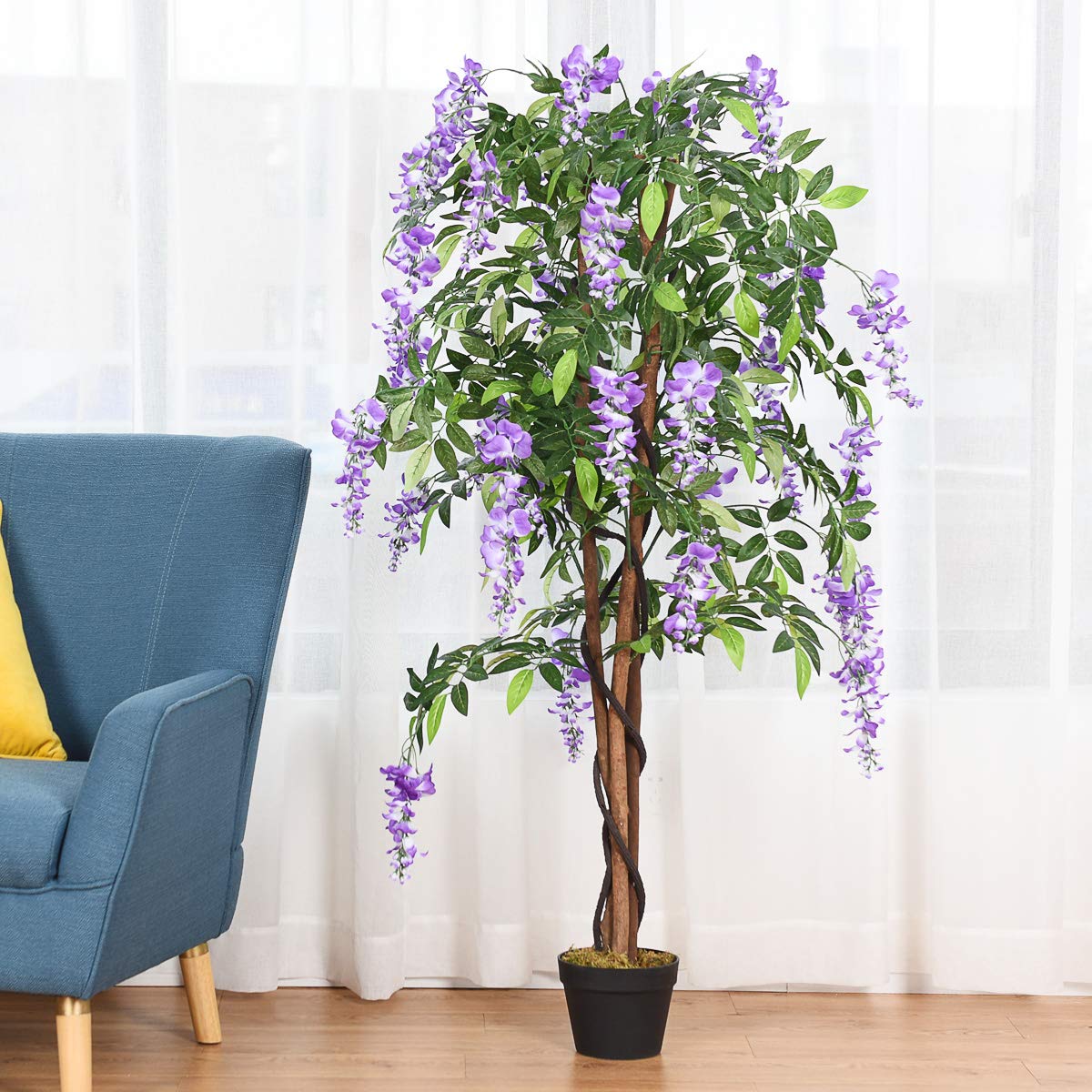 COSTWAY Kunstbaum mit Blüten, Kunstpflanze im Topf, Zimmerpflanze mit natürlichen Blättern & 3 Stämmen, Künstlicher Baum Kunstblume Lila, Dekopflanze künstlich, Zimmerpflanze Grünpflanze 150 cm