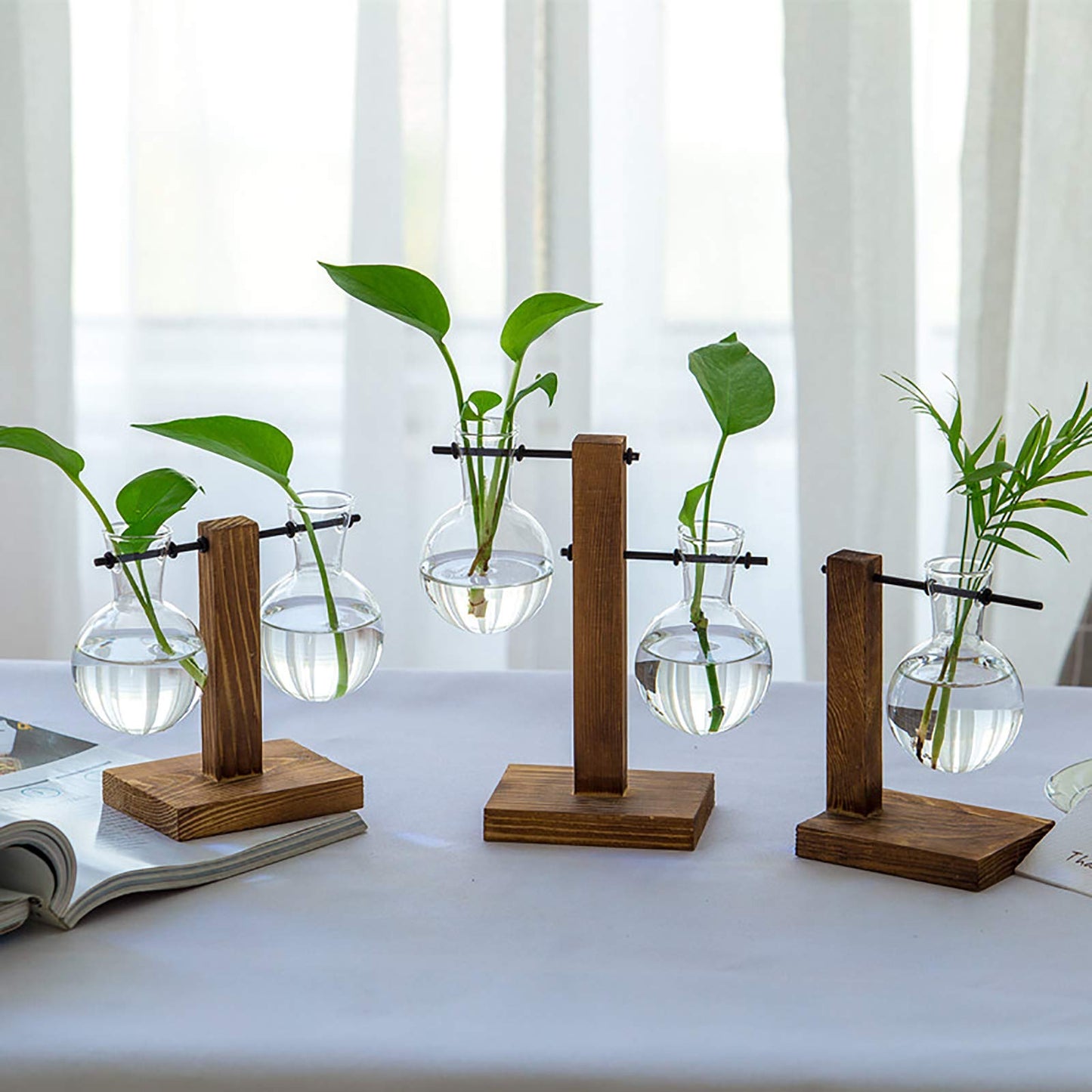 WUWEOT 3 Stück Hydroponik Glasvase mit Holz Halter Hängevase Blumenvase Tischvase Dekovase Birne Vintage Avocado Vase mit Holzständer Dekoration für Zuhause Garten Büro Schreibtisch