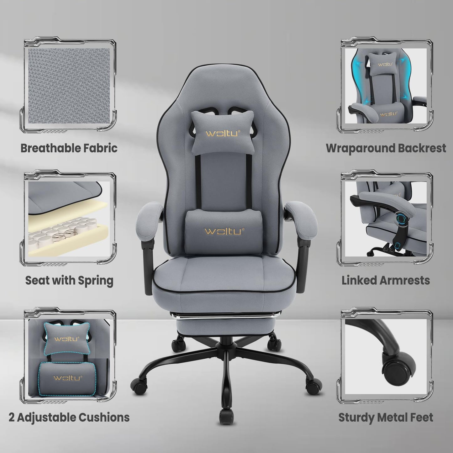 WOLTU Gaming Stuhl mit Taschenfederkissen, Gaming Sessel 150 kg Belastbarkeit, ergonomischer Drehstuhl, Gamer Stuhl mit Kopfkissen, Lendenkissen, Fußstütze, Netzstoff, Grau,GS11gr