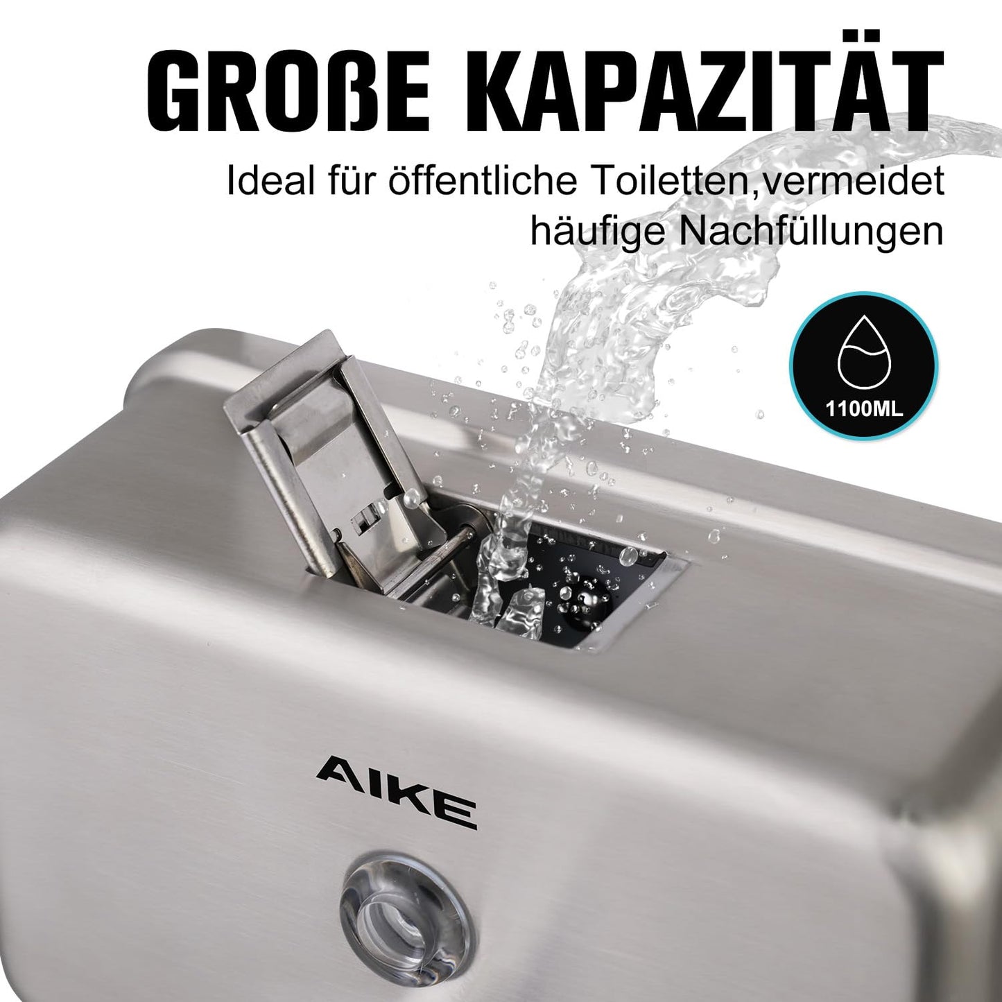 AIKE Aktualisierter Seifenspender aus Edelstahl, Wandmontage, 1100 ml große Kapazität, manueller Flüssigseifenspender, rostfrei für gewerbliche und häusliche Nutzung AK1005