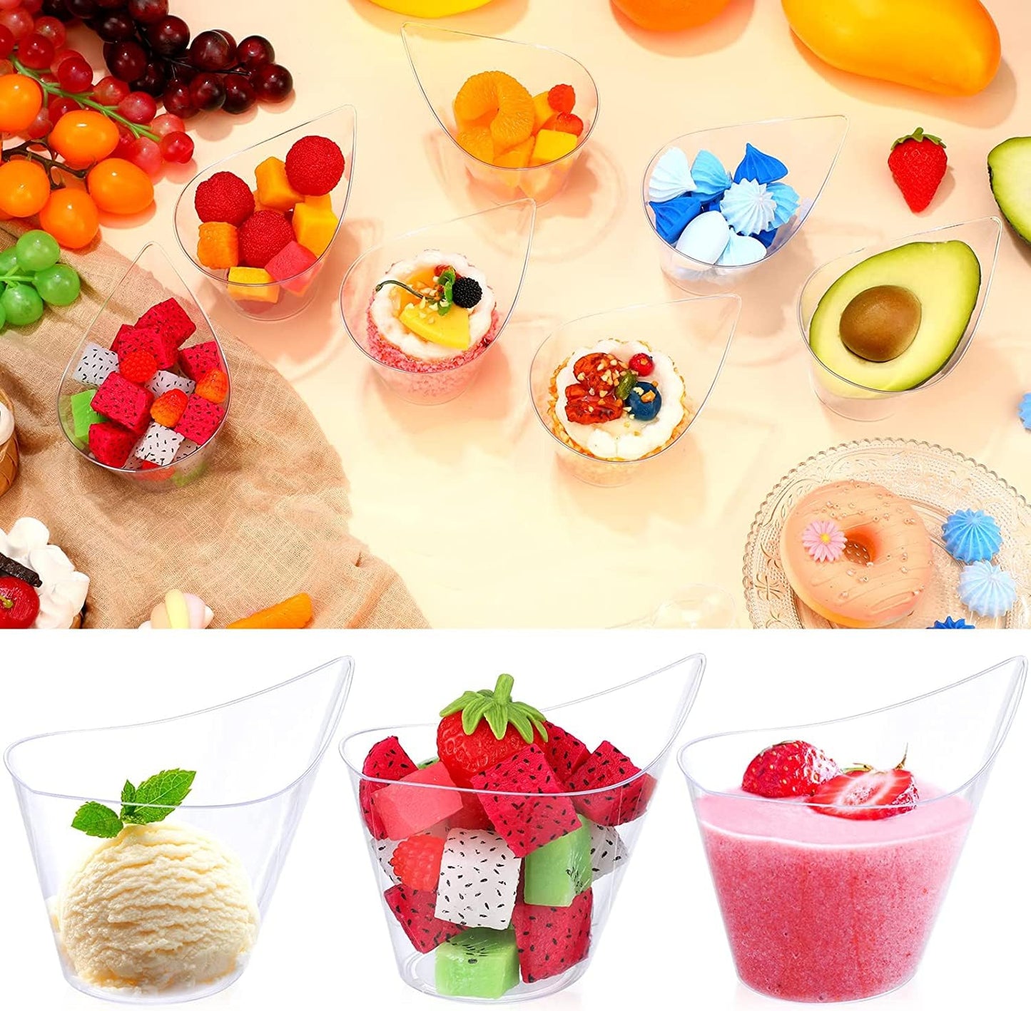 LATERN 50 Stück Kunststoff Dessert Becher, 200ml Geschwungene runde Dessertbecher Transparenter Parfait Vorspeisen Becher Wiederverwendbare Servierschüssel für Pudding Mousse Party (11,4 x 6,3cm)