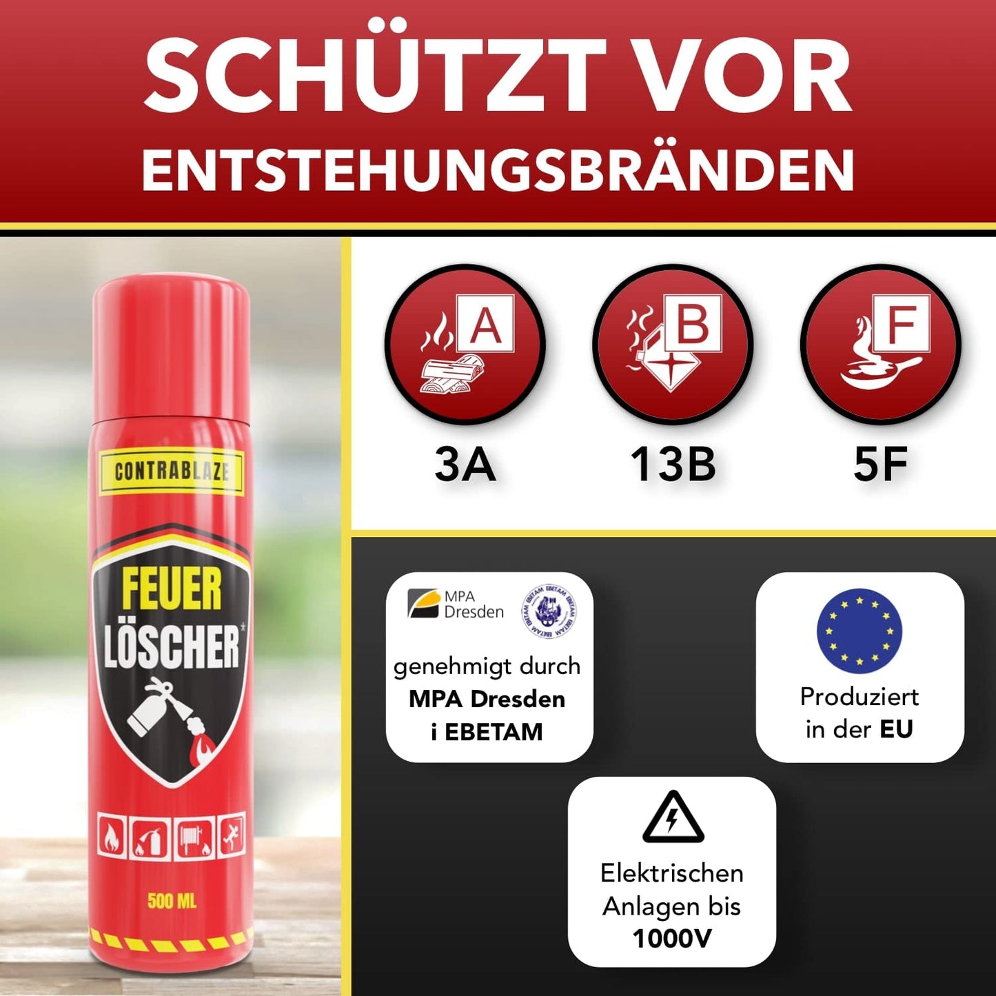 Feuerlöschspray - 500ml - für mehr Sicherheit im Alltag - Idealer Feuerlöscher Haushalt für die Küche - Perfekt als Mini Feuerlöscher Auto - Löschspray sofort & sicher einsatzbereit