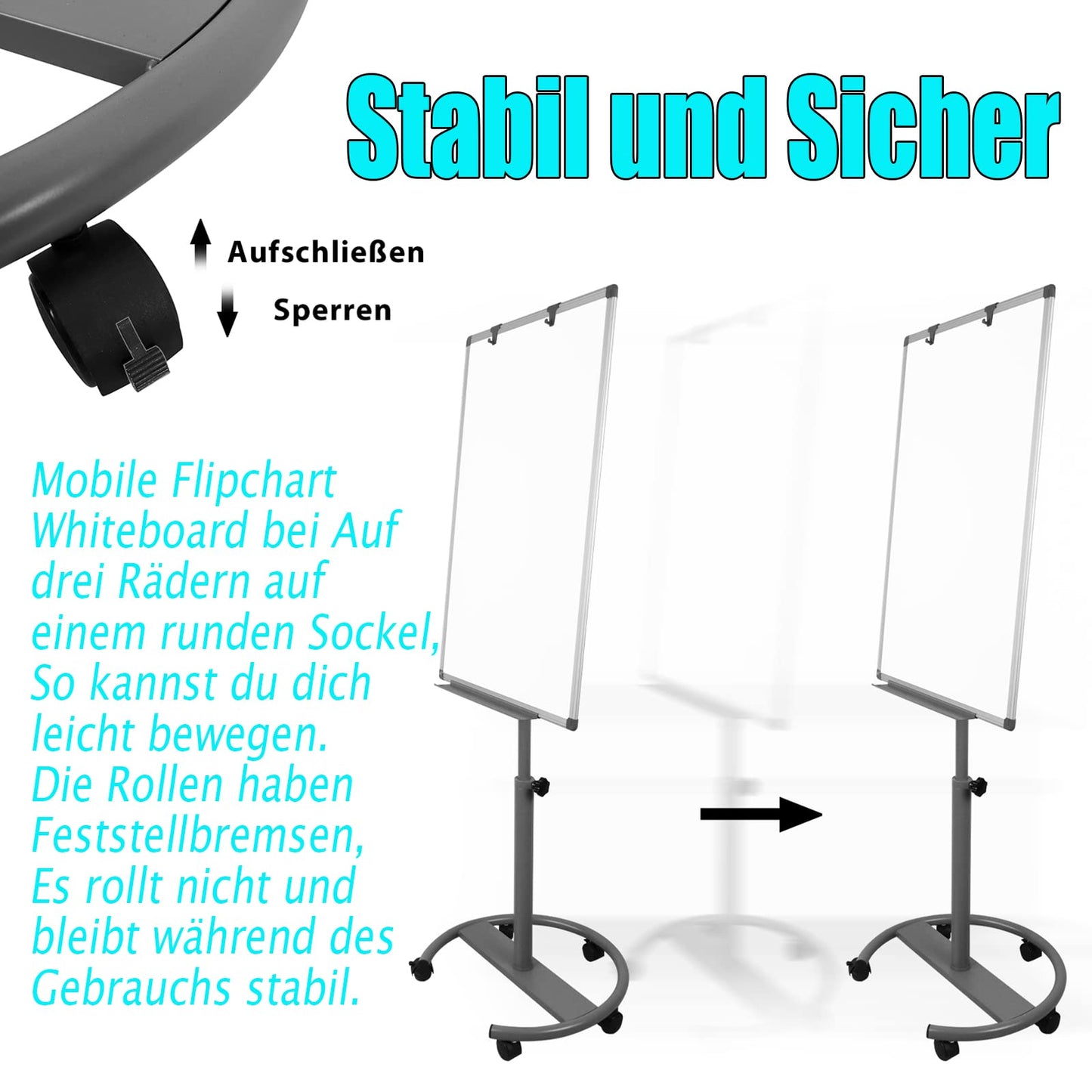 YRHome Flipchart mit Rollen 60x90 cm Whiteboard auf Rollenfuß Mobil Flipchart höhenverstellbar Staffelei Magnetisch Beschreibbar Abwischbar Präsentationstafel Papierhalter (Rundfuß mit Rollen)